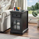 Farmhouse XXL End Table with Charging Station, Side Table with USB Ports and Outlets, Nightstand with Drawer and Glass Door Storage, Grey Bedside Tables for Living Room, Bedroom, Office by CozyNest Decor
