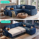 LINSY HOME Sectional Sleeper Sofa with Pull Out Couch Bed - Convertible Plush Corduroy Cloud Couch with Storage Chaise & USB Charging, Comfy Modular Couches for Living Room, Blue by CozyNest Decor