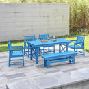 HDPE Outdoor Dining Set of 6, Patio Dining Table Set with 4 Chairs and 1 Bench, 6 Pieces HDPE Dining Set with Umbrella Hole, Outdoor Furniture Sets for Deck, Poolside, Garden, Sky Blue by CozyNest Decor