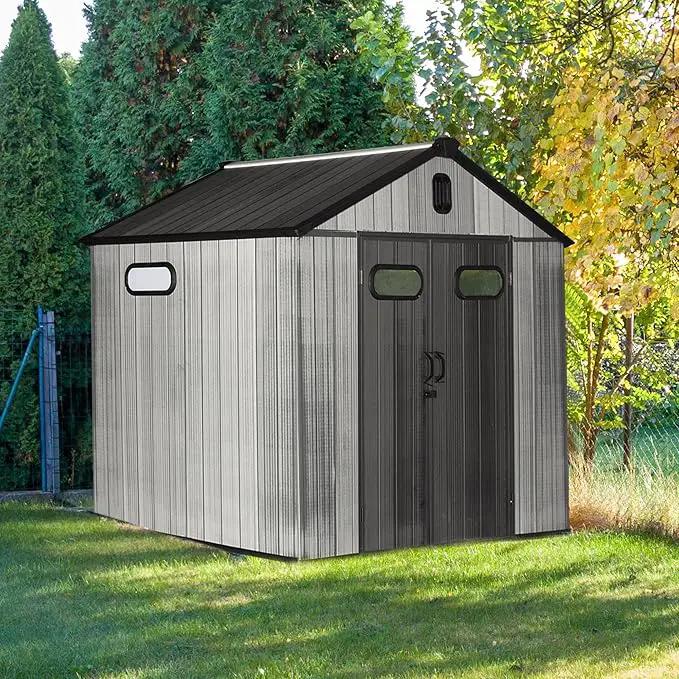 Domi 8x8 FT Outdoor Resin Storage Shed, All-Weather Double-Wall Storage Building for Backyard, Garden, Lawn Tools, Mower, Bike & Pool Equipment, Lockable Doors, Ventilated Roof, Grey, photo 2 of 9