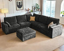 Oversized Modular Sofa Comfy Cloud Couch with Storage, Extra Deep Plush Sectional Sofa Set for Living Room, Covers Washable, Chenille, Olar (Black, 6-seatser with Corner & Ottoman, v-Shaped) by CozyNest Decor