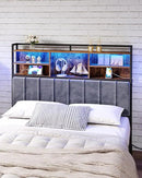 Headboard with 3-Tier Storage Shelves, Velvet Upholstered Head Board with 2 Outlets, USB Ports & LED Light, Soft Backrest for Queen Size Bed, Rustic Brown and Black BH15201BV1 by CozyNest Decor