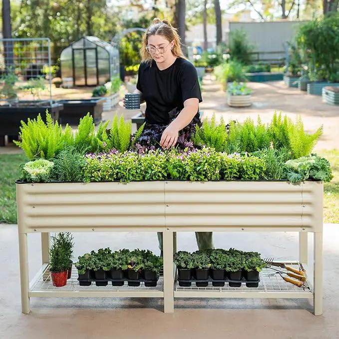Elevated Raised Garden Bed-V Series, 2' x 6' Garden Beds with Legs & Storage Rack for Patio Porch, 1000 Lbs Weight Capacity, Outdoor Planter Boxes for Gardening Herbs Vegetables Flowers, Pearl White, photo 6 of 8