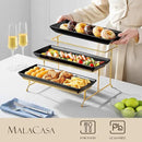 MALACASA 3 Tier Serving Trays for Party, 14 Inch Porcelain Black Trays for Serving Food, Dessert Stand with Collapsible Gold Metal Rack by CozyNest Decor