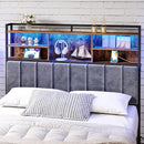 Headboard with 3-Tier Storage Shelves, Velvet Upholstered Head Board with 2 Outlets, USB Ports & LED Light, Soft Backrest for Queen Size Bed, Rustic Brown and Black BH15201BV1 by CozyNest Decor