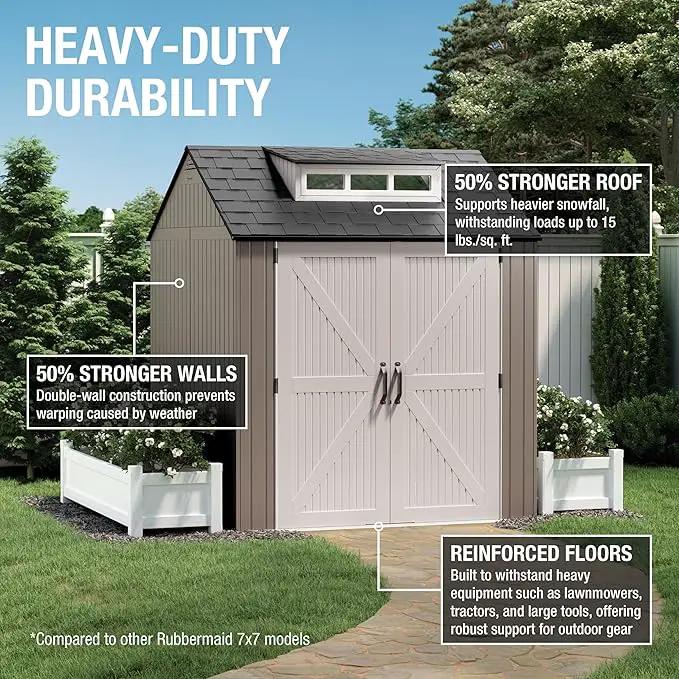 Rubbermaid Large Resin Outdoor Storage Shed With Floor (7 x 7 Ft.), Weather Resistant, Brown, Organization for Home/Lawn Mower/Backyard Equipment/Bike Storage/Pool Supplies, photo 3 of 7