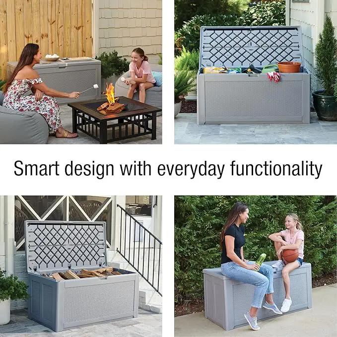 Rubbermaid Extra Large Resin Outdoor Storage Deck Box (134 Gal), Weather Resistant, Gray, Deck Organization for Home/Backyard/Pool Chemicals/Toys/Garden Tools/Porch/Patio Cushions, photo 4 of 6