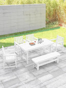 HDPE Outdoor Dining Set of 6, Patio Dining Table Set with 4 Chairs and 1 Bench, 6 Pieces HDPE Dining Set with Umbrella Hole, Outdoor Furniture Sets for Deck, Poolside, Garden, Pearl by CozyNest Decor