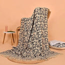 Handmade Cotton Throw Blanket, Floral Block Print, Black and Beige Wrap, 47x71 inches Decorative Woven Throw with Tassels by CozyNest Decor