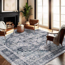Washable Area Rug 8'x10' Dark Blue Retro Boho Design Non-Shedding Non-Slip Easy Care Ideal for High Traffic Areas in Living Room Bedroom Office Coffee Table Kitchen Large Carpet by TinyTreasures Baby Boutique
