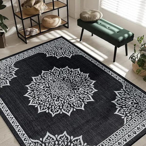 CAMILSON Outdoor Rug, 8x10 Medallion Black White Modern Area Rugs for Indoor and Outdoor Patios, Kitchen and Hallway Mats, Washable Porch Deck Outside Carpet (Medallion Black, 8 x 10), photo 2 of 10