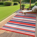 Outdoor Patio Rug 9x12 Stain-Resistant Reversible Camping Mat, Modern Striped Outdoor Plastic Straw Rug, Waterproof Outside Carpet, Easy to Clean for RV, Porch, Deck, Balcony, Red Blue White by CozyNest Decor
