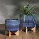 Sagebrook Home Textured Ceramic Planter with Wood Stand, Elevated Indoor/Outdoor Planter, Blue with Gray Dots, 8 L x 8 W x 10 H by GreenHaven Gardens
