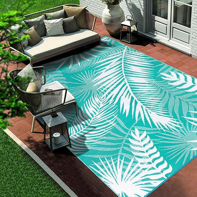Outdoor Rug 8'x10' Waterproof for Patios Clearance, Reversible Outdoor Plastic Straw Rug Camping Carpet, Outside Floor Mats Large Area Rugs for RV,Patio,Deck,Porch, Beach,Balcony,Teal&White, photo 4 of 9