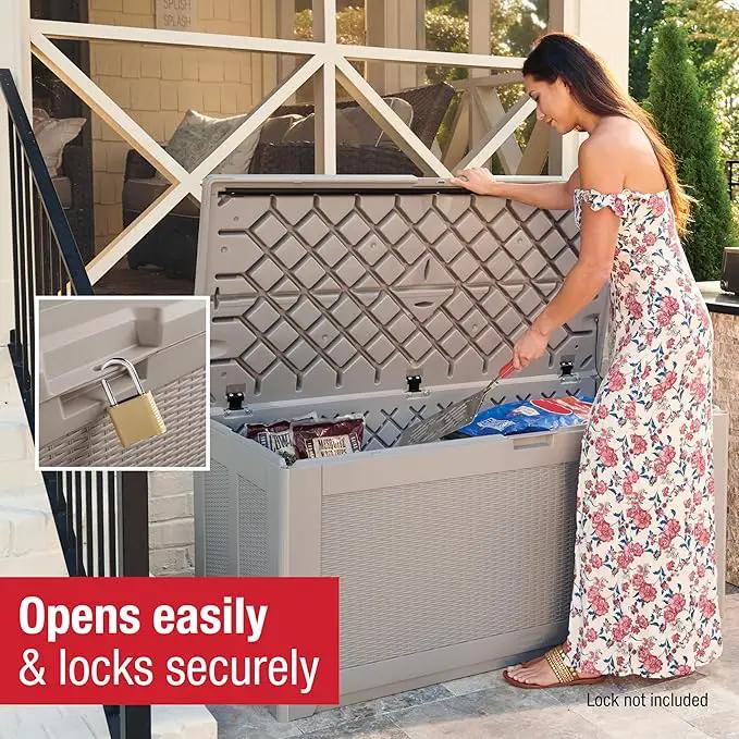 Rubbermaid Extra Large Resin Outdoor Storage Deck Box (134 Gal), Weather Resistant, Gray, Deck Organization for Home/Backyard/Pool Chemicals/Toys/Garden Tools/Porch/Patio Cushions, photo 5 of 6