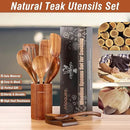 9 Piece Natural Teak Wooden Kitchen Utensil Set with Spoon Rest - Comfort Grip Cooking Spoons and Utensils Holder by CozyNest Decor