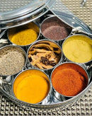 spice dabba Stainless Steel Indian Spice Box, Steel Masala Dabba, Double Lid Spice Container | Gift for Chefs | Size 8x8x2 In (Spice Box Only) by CozyNest Decor