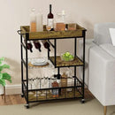 Bar Cart with Basket 3 Tiers Home Rolling Wine Rack with Wheels Mobile Kitchen Industrial Vintage Style Wood Metal Serving Trolley Serving Cart,Glass Holder Bar Cabinet by CozyNest Decor