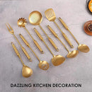 Gold Kitchen Utensils Set - 18/10 Stainless Steel Cooking Tools, 15" All Metal Serving Utensils with Fork, Solid/Slotted Spoon, Spatula, Ladle, Skimmer, Tunner, Pasta Spoon, Large Spoon, Set of 9 by CozyNest Decor