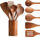 Wooden Spoons for Cooking, Cooking Utensils Set of 6 Natural Teak Wooden Cooking Spatulas with Utensils Holder Comfort Grip Wooden Kitchen Utensils for Nonstick Cookware by CozyNest Decor