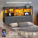 Headboard with 3-Tier Storage Shelves, Velvet Upholstered Head Board with 2 Outlets, USB Ports & LED Light, Soft Backrest for Full Size Bed, Rustic Brown and Black BH13801B by CozyNest Decor