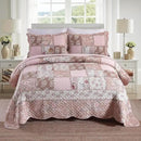 NEWLAKE Quilt Set Queen Size, Cotton Patchwork Pink Floral Quilt Sets, Real Stitched Embroidery Bedspread Lightweight and Breathable for All Seasons, Soft Quilted with 2 Pillow Shams by CozyNest Decor