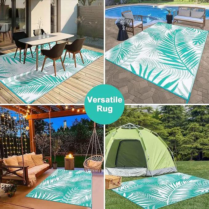 Outdoor Rug 8'x10' Waterproof for Patios Clearance, Reversible Outdoor Plastic Straw Rug Camping Carpet, Outside Floor Mats Large Area Rugs for RV,Patio,Deck,Porch, Beach,Balcony,Teal&White, photo 7 of 9