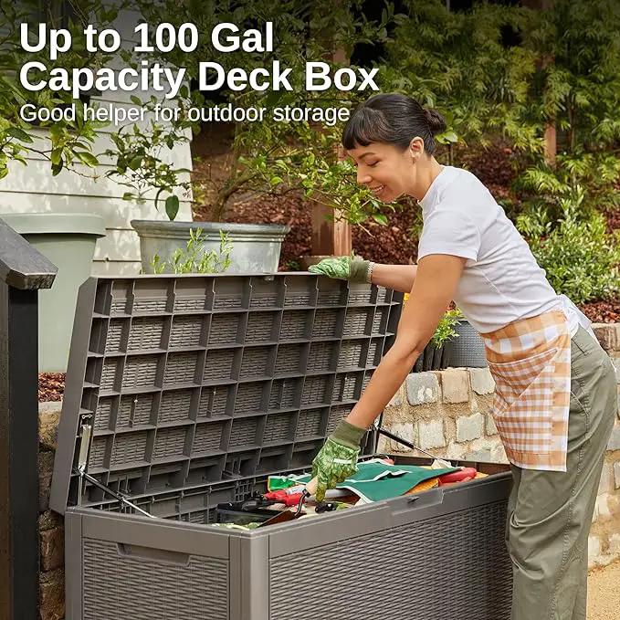 EAST OAK Outdoor Storage Box, 100 Gallon Deck Box, Waterproof Resin Storage Bench for Patio Cushions, Gardening Tools, Pool Accessories, Lockable, UV Resistant, Grey, photo 4 of 7