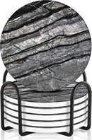 Emerson Coasters for Drinks Absorbent – Natural Stone Drink Coasters Set with Holder, Coasters for Coffee Table, Wooden Tabletop Protection Marble Style – 100% Heavy Duty Set of 6 (Obsidian) by CozyNest Decor