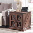 JXQTLINGMU Farmhouse End Table, 24" Large Sofa Side Table with Charging Station, Mesh Barn Door, and Adjustable Storage Shelf, Rustic Wood Square Nightstand for Living Room, Bedroom, Office, Brown by CozyNest Decor
