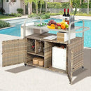 Wicker Outdoor Bar Cart with Ice Bucket, Patio Bar Table with 2 Ratten Doors Cabinet and Casters for Grill, Kitchen and Garden,Beige by CozyNest Decor