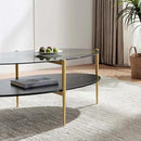 Oval Glass Coffee Table, Mid-Century Modern Design, L43 x W22 x H17 inch, Surfboard Shaped Grey Glass Top and Black Marble Finish Wood Shelf, Tapered Legs with Gold Finish Frame by CozyNest Decor