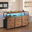 TV Stand for Bedroom with LED Lights & Charging Station, 7 Drawer with Open Shelf, Media Console for Living Room & Chest of Drawers for Closet, Entryway, Hallway, 4 Hooks, Rustic Brown by CozyNest Decor