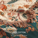 Boho Throw Blanket for Couch Sofa Bed, 100% Cotton Woven Quilt with Tassel 80”x90”, Super Soft Muslin Blanket with Floral Printed, Decorative Reversible Bed Blanket/Cover for All Seasons by CozyNest Decor