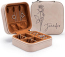 Custom Leather Customized Jewelry Organizer Box w/Name & Birth Flower Month - Birthday Gifts for Women, Mom Personalized Jewelry Travel Case - Beige by TinyTreasures Baby Boutique