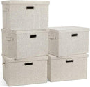 Large 17" 36 Quart Collapsible Stackable Storage Bins with Lids, 5 Packs Beige Linen Fabric Closet Boxes with Lids, Storage Cube Baskets Container Organizers for Bedroom Office(17 x12 x11) by CozyNest Decor