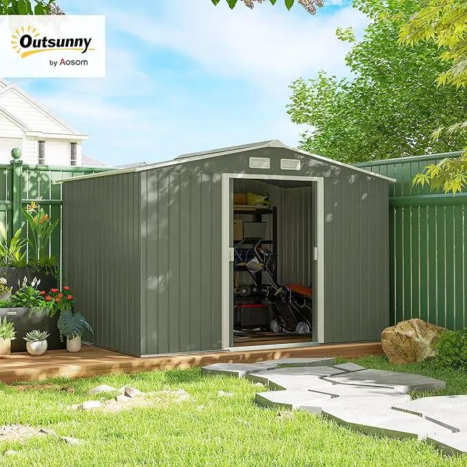 Outsunny 9' x 6' Outdoor Storage Shed, Garden Tool Metal Shed with Foundation Kit, Double Lockable Door, Air Vents and Sloping Roof, for Backyard, Patio, Lawn, Green, photo 2 of 9