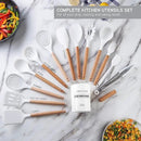 Country Kitchen Non Stick Silicone Utensil Set with Rounded Wood Handles for Cooking and Baking, 14 Piece Set, White by CozyNest Decor