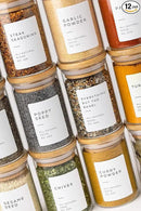 Empty Spice Jars with Label Pack (12x Bamboo Lid Glass Jar). Small 6oz Spice Storage Bottles with 112 Printed Stickers and 48 Writable Pantry Labels for Seasoning Containers