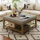 Large Square Ottoman Coffee Table, Linen Solid Upholstered Footrest Ottoman with Solid Wood Shelf Storage Tufted Coffee Table for Bedroom Living Room, Linen by CozyNest Decor