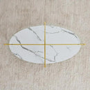 Oval Glass Coffee Table, Mid-Century Modern Design, L43 x W22 x H17 inch, Surfboard Shaped Clear Glass Top and White Marble Finish Wood Shelf, Tapered Legs with Gold Finish Frame by CozyNest Decor