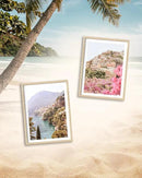 HesenDot Natural OAK Wood Amalfi Coast Framed Wall Art,12x16in Italy Beach Canvas Wall Print, Pink Flowers House Boho Wall Decor for Living Room,Bedroom,Office Gallery Gifts Set of 1 by CozyNest Decor