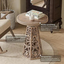Rustic Farmhouse Wooden End Table, Distressed Round Accent Table with Intricate Carved Floral Patterns, Boho, for Living Room, Bedroom, or Entryway, Distressed Wood Color by CozyNest Decor