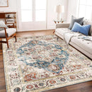 Washable Area Rug 9'x12' Beige Blue Boho Chic Medallion Distressed Design Non-Shedding Easy Care Ideal for High Traffic Areas in Living Room Bedroom Office Coffee Table Large Carpet by TinyTreasures Baby Boutique