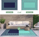 GENIMO Outdoor Rug Waterproof 5'x8' for Patio, Foldable Reversible Plastic Straw Carpet for Travel Trailers, Outside Area Mat for Rv, Deck, Picnic, Porch, Balcony, Beach, Navy Blue & Jade Green by CozyNest Decor