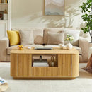 46.5" Oval Coffee Table with Drawers and Storage Mid Century Modern Fluted Solid Wood Side Coffee Tables, Luxury Tea Table Center Table for Living Rooms Offices Apartmen, Natural by CozyNest Decor