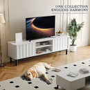 White Mid Century Modern TV Stand, Wood Fluted Living Room TV Stands with Storage Sliding Doors, Desert-Inspired Design MCM Entertainment Center for 55 60 65 70 75 55+ 60+ 65+ 70+ Inch by CozyNest Decor