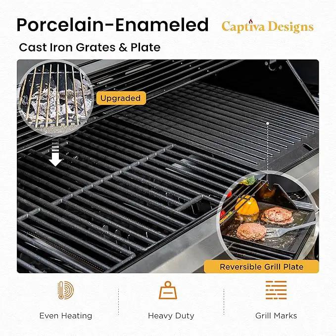 Captiva Designs 6-Burner Propane Gas BBQ Grill with Side Burner & Porcelain-Enameled Cast Iron Grate and Plate for Outdoor Barbucue Events, 52,000 BTU Output,740 SQ.IN. Cooking Area，Heavy Duty, photo 2 of 9