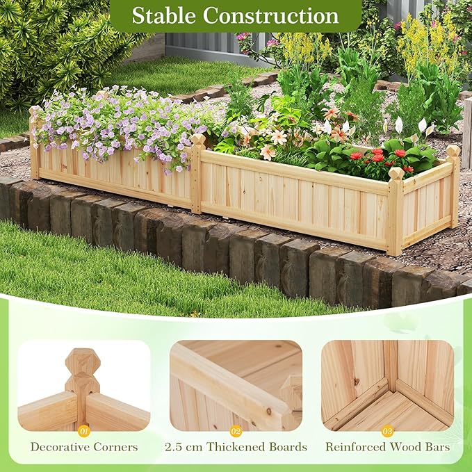 HAPPYGRILL Raised Garden Bed, Wooden Elevated Garden Box w/8 Drain Holes, Detachable Bottom Panels, Liner for Flowers Vegetables Herbs Fruits, Outdoor Planter Box for Backyard Lawn, 89" x 23.5" x 16", photo 7 of 9