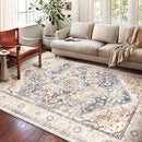 Washable Area Rug 10'x14' Blue Khaki Retro Flowers Boho Design Non-Shedding Easy Care Ideal for High Traffic Areas in Living Room Bedroom Office Coffee Table Kitchen Large Carpet by TinyTreasures Baby Boutique